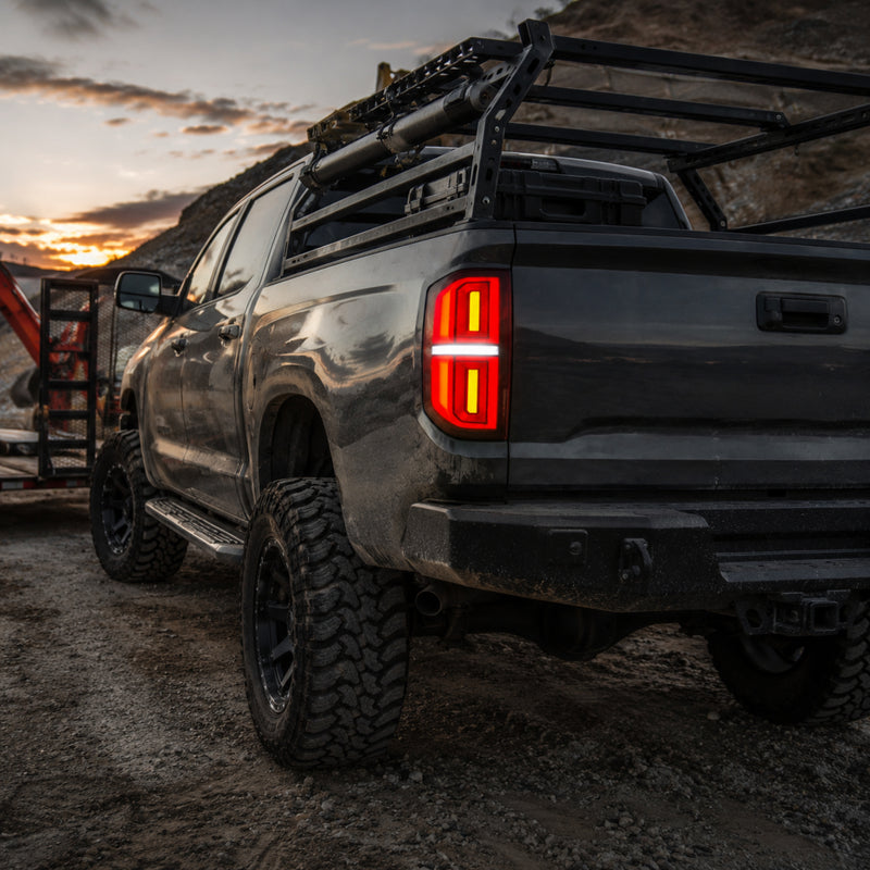 2014-2021 Toyota Tundra Sequential LED Tail Lights — smoke white work truck gravel yard — T-TUN14