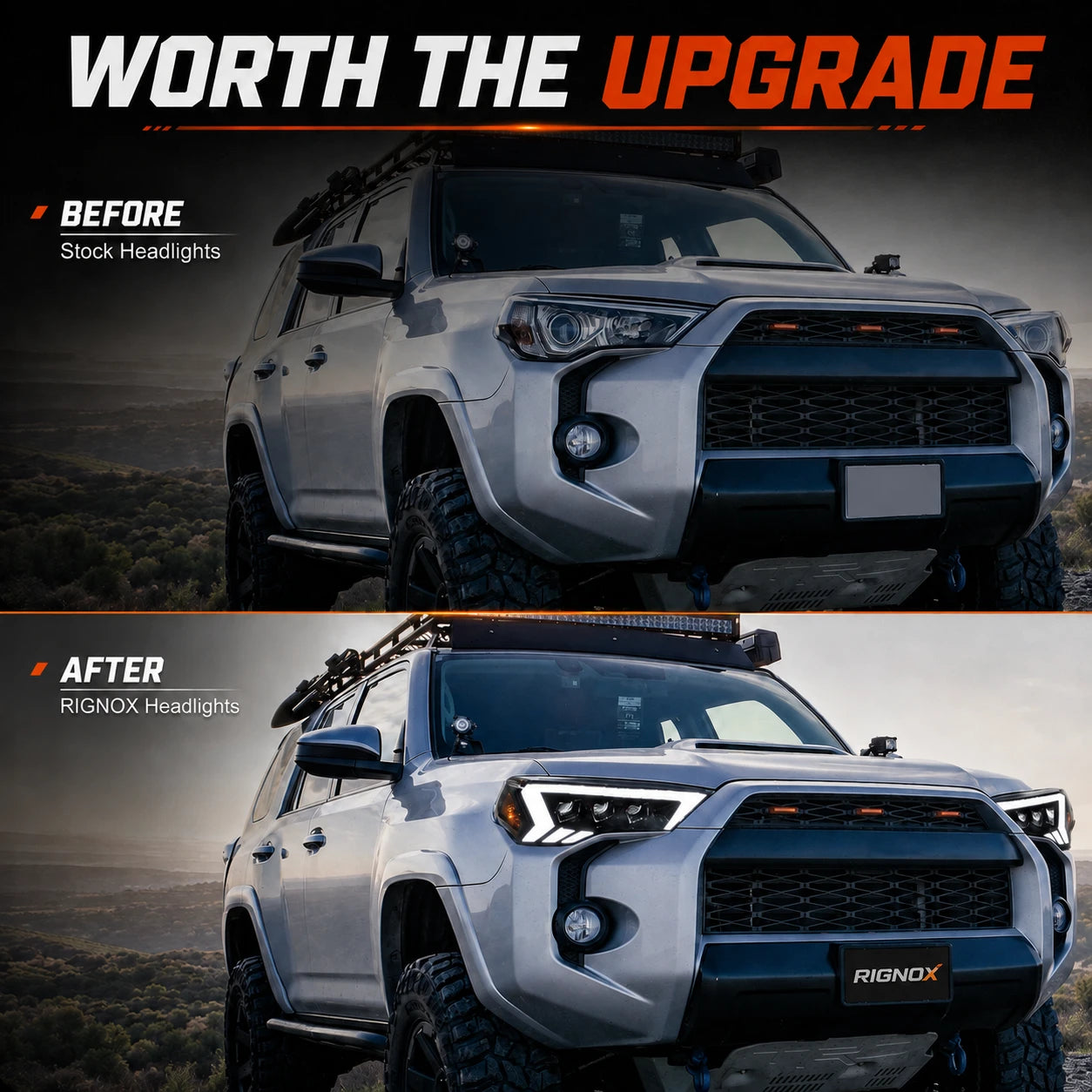 2014-2024 Toyota 4Runner LED Dual Projector Headlights — before and after comparison — H-4RN14-3P