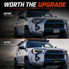 2014-2024 Toyota 4Runner LED Dual Projector Headlights — before and after comparison — H-4RN14-3P
