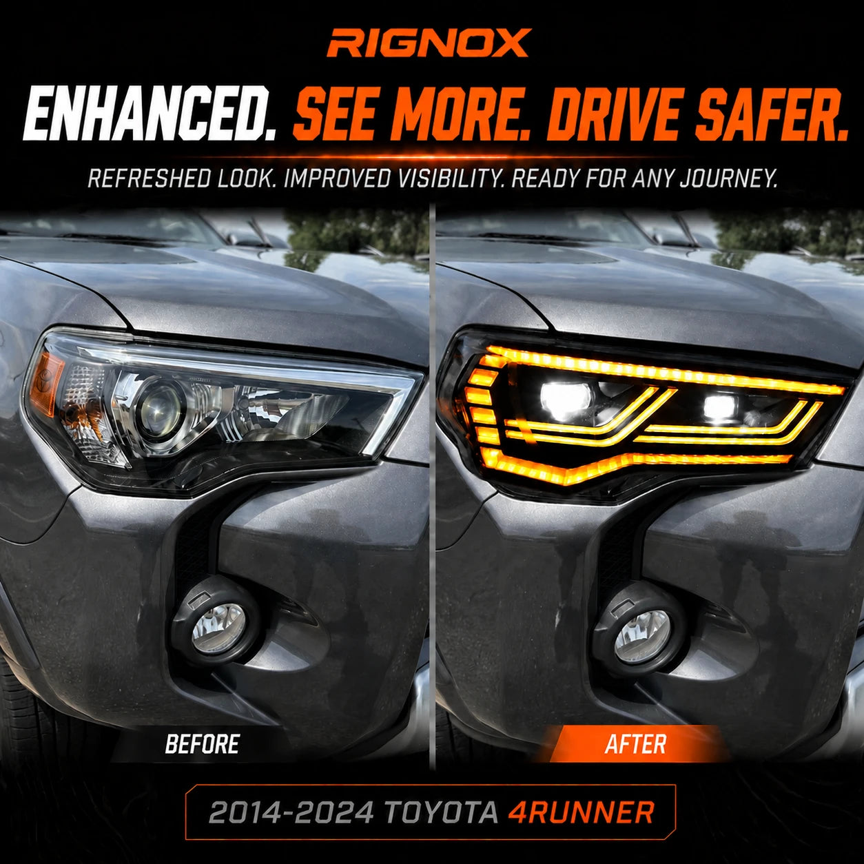 2014-2024 Toyota 4Runner LED Dual Projector Headlights — before and after upgrade — H-4RN14