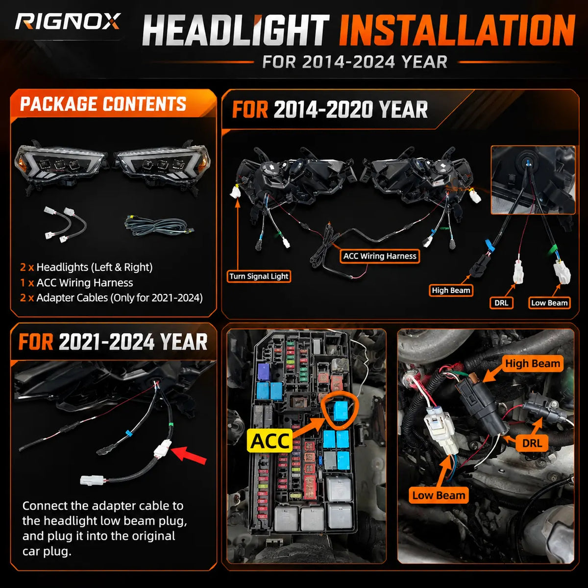 2014-2024 Toyota 4Runner LED Quad Projector Headlights Assembly — installation guide overview — H-4RN14-3P