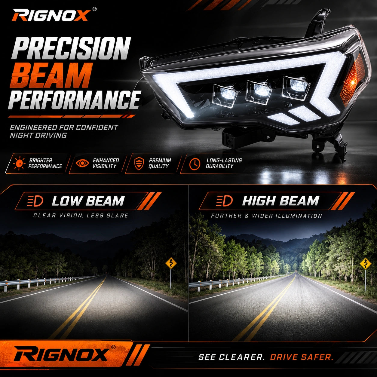 2014-2024 Toyota 4Runner LED Dual Projector Headlights — beam performance — H-4RN14-3P