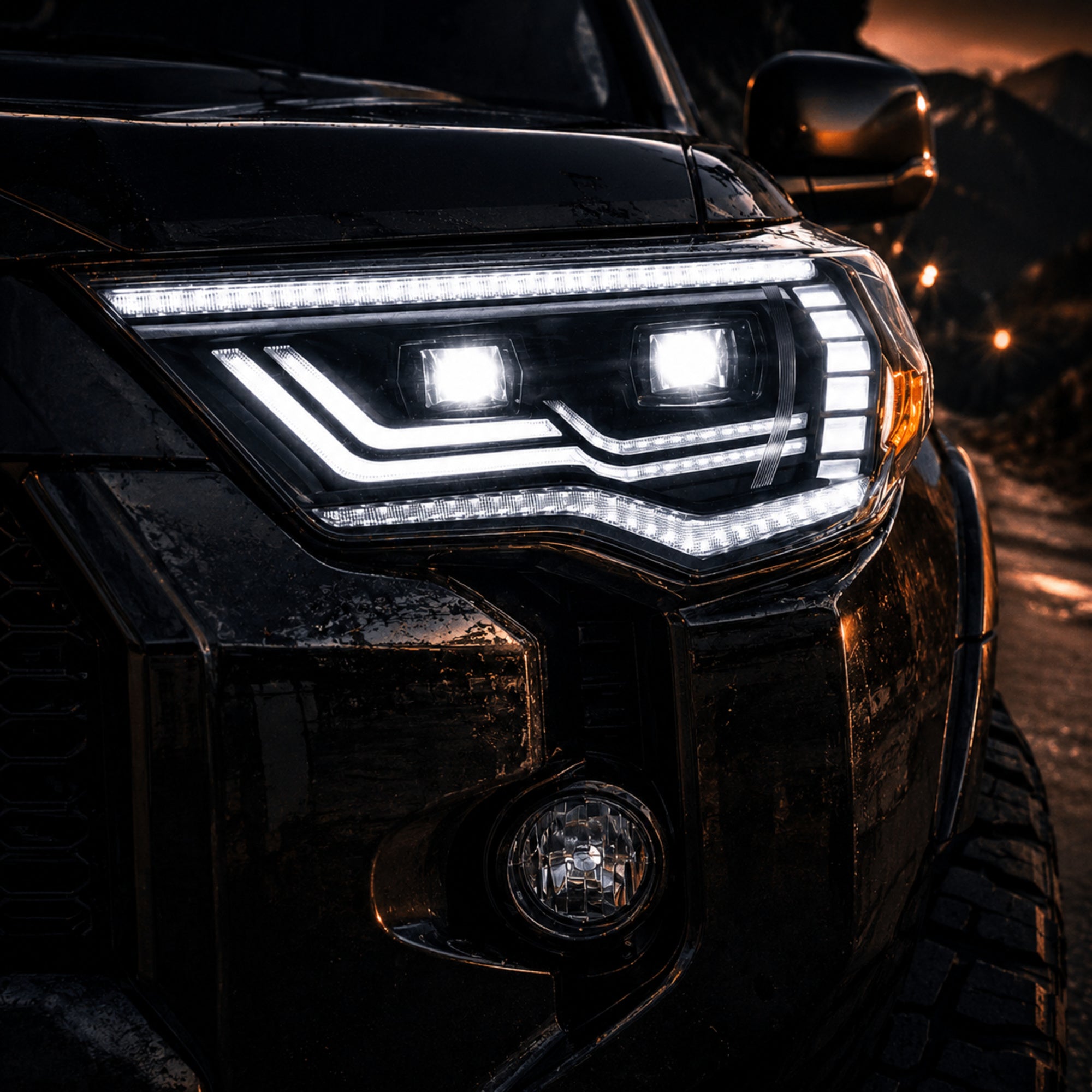 2014-2024 Toyota 4Runner LED Dual Projector Headlights — clear lens sequential close up white DRL — H-4RN14