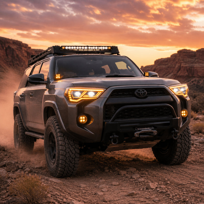 2014-2024 Toyota 4Runner LED Dual Projector Headlights — clear lens sequential installed amber DRL — H-4RN14