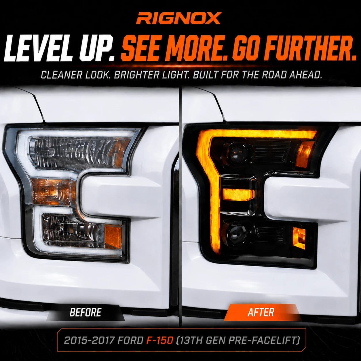 2015-2017 Ford F-150 LED Dual Projector Headlights — lighting upgrade close-up — H-F150-15