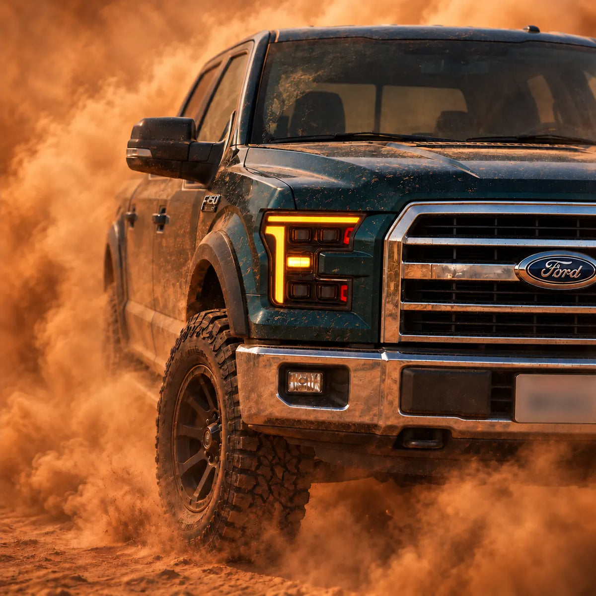 2015-2017 Ford F-150 & 2017-2020 Raptor (13th Gen) LED Projector Headlights Assembly — Pair (Quad Projector) — Amber DRL in dust — H-F150-15-Q