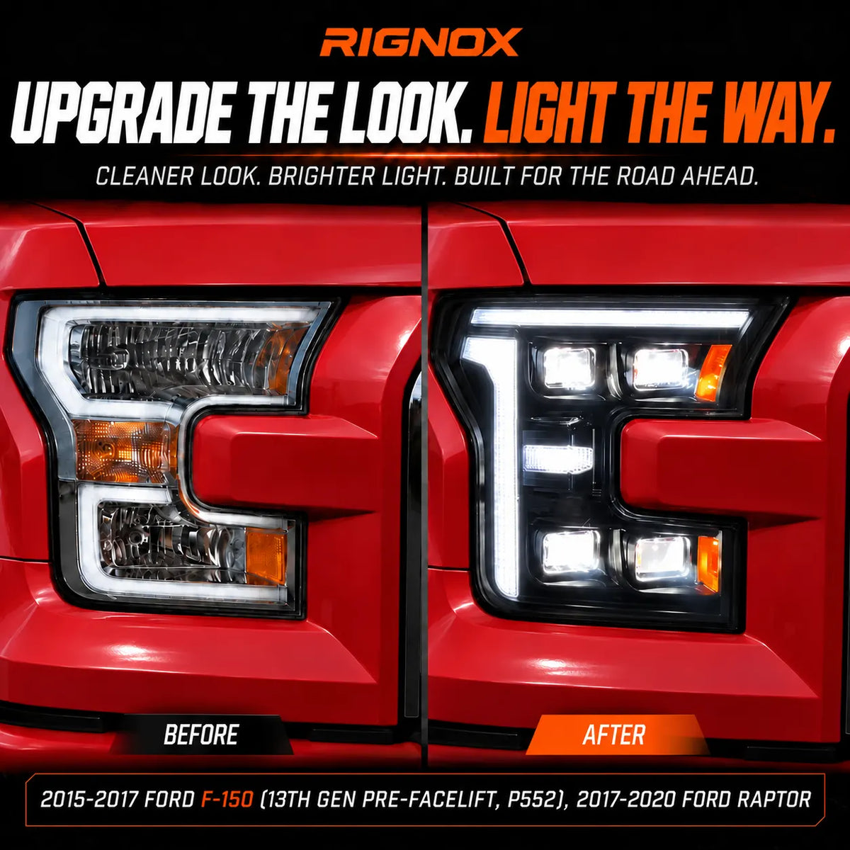2015-2017 Ford F-150 & 2017-2020 Raptor (13th Gen) LED Projector Headlights Assembly — Pair (Quad Projector) — OEM vs upgraded headlights comparison — H-F150-15-Q