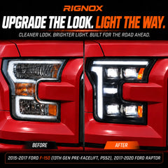 2015-2017 Ford F-150 & 2017-2020 Raptor (13th Gen) LED Projector Headlights Assembly — Pair (Quad Projector) — OEM vs upgraded headlights comparison — H-F150-15-Q