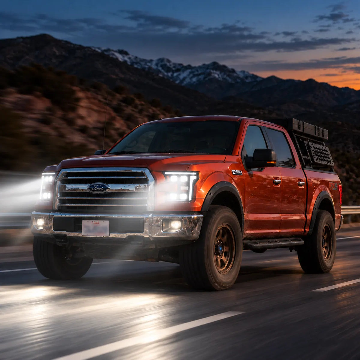 2015-2017 Ford F-150 & 2017-2020 Raptor (13th Gen) LED Projector Headlights Assembly — Pair (Quad Projector) — Night highway driving with bright beams — H-F150-15-Q