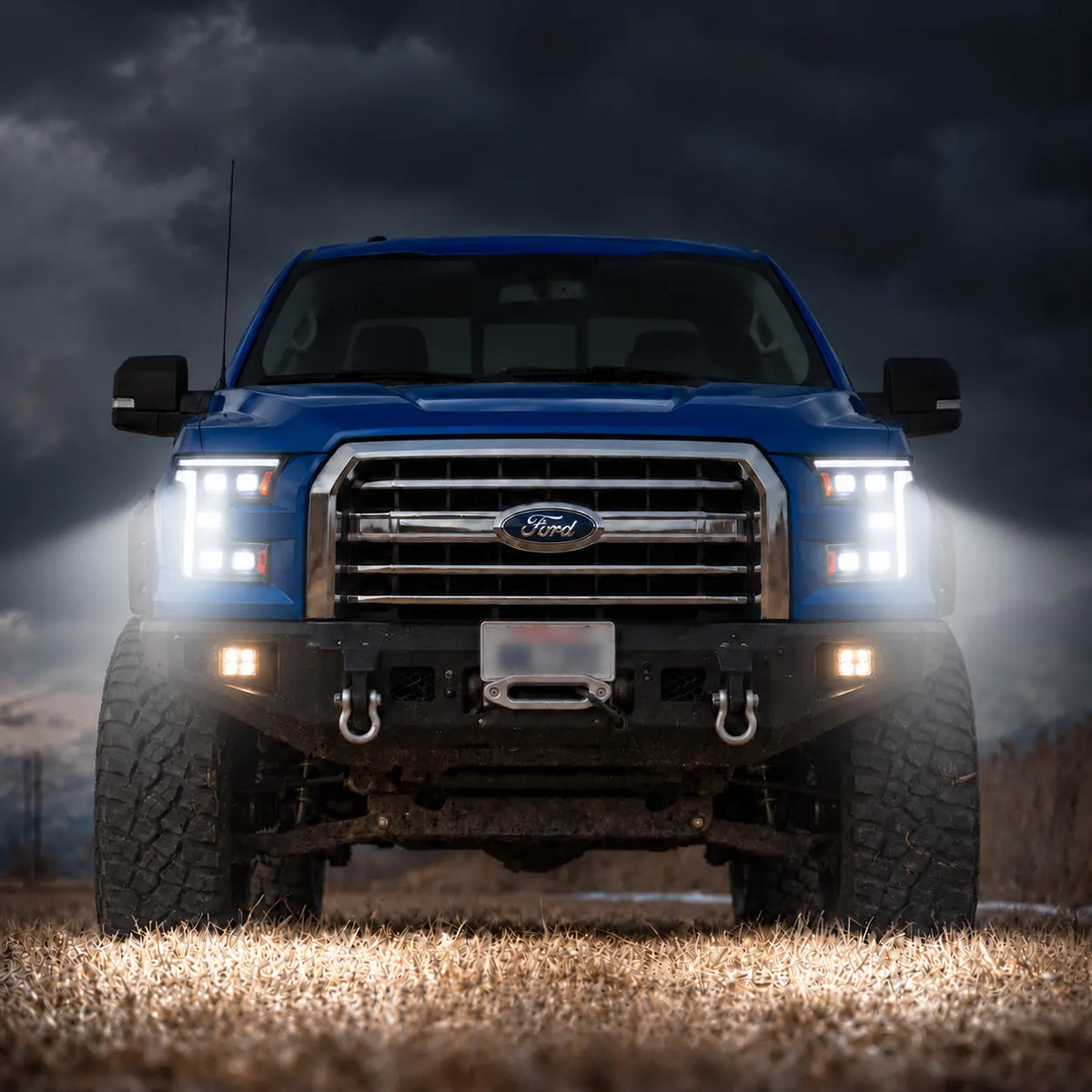 2015-2017 Ford F-150 & 2017-2020 Raptor (13th Gen) LED Projector Headlights Assembly — Pair (Quad Projector) — White headlights front beam projection — H-F150-15-Q