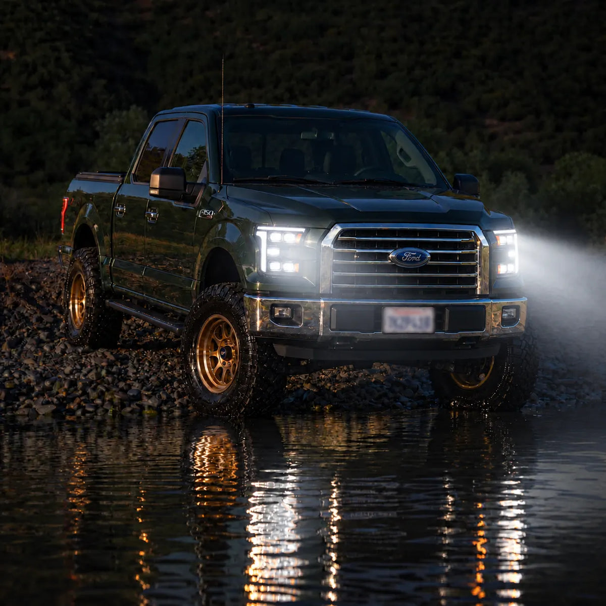 2015-2017 Ford F-150 & 2017-2020 Raptor (13th Gen) LED Projector Headlights Assembly — Pair (Quad Projector) — Headlight beams at water crossing — H-F150-15-Q