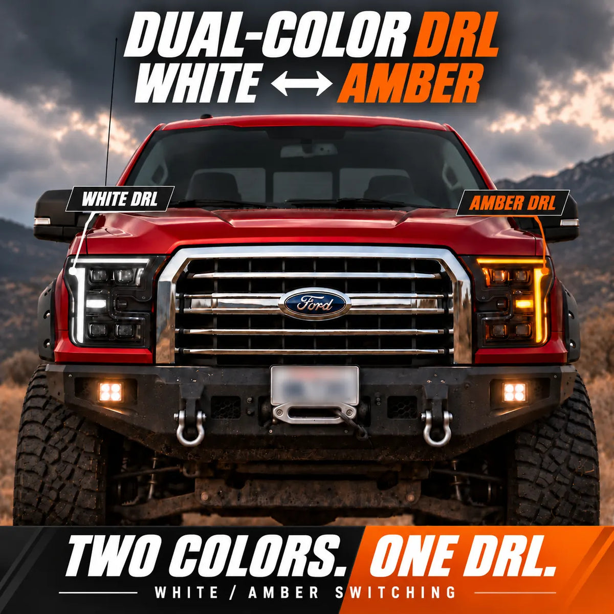2015-2017 Ford F-150 & 2017-2020 Raptor (13th Gen) LED Projector Headlights Assembly — Pair (Quad Projector) — White and amber DRL modes — H-F150-15-Q