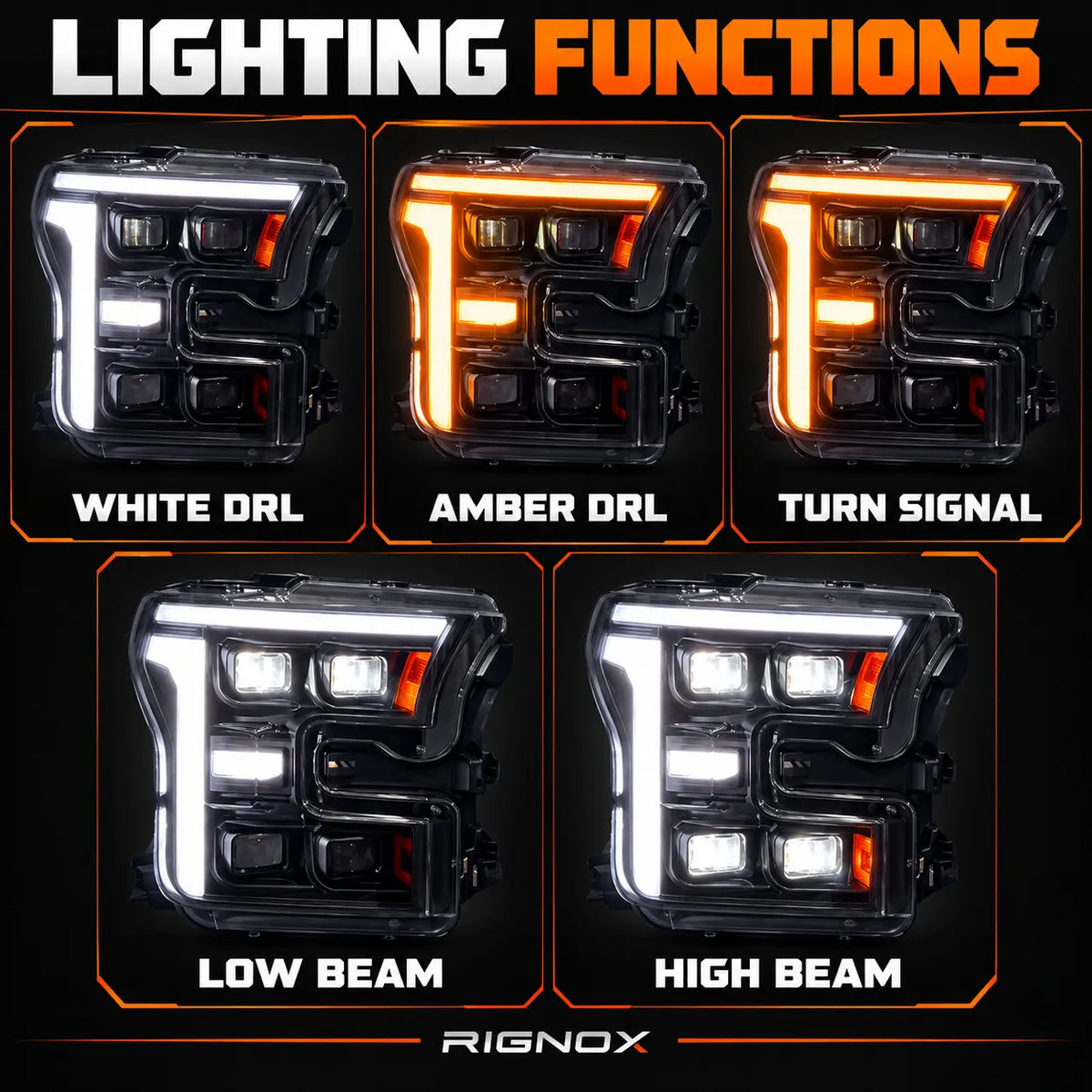 2015-2017 Ford F-150 & 2017-2020 Raptor (13th Gen) LED Projector Headlights Assembly — Pair (Quad Projector) — Five lighting function modes — H-F150-15-Q