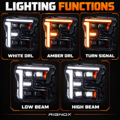 2015-2017 Ford F-150 & 2017-2020 Raptor (13th Gen) LED Projector Headlights Assembly — Pair (Quad Projector) — Five lighting function modes — H-F150-15-Q