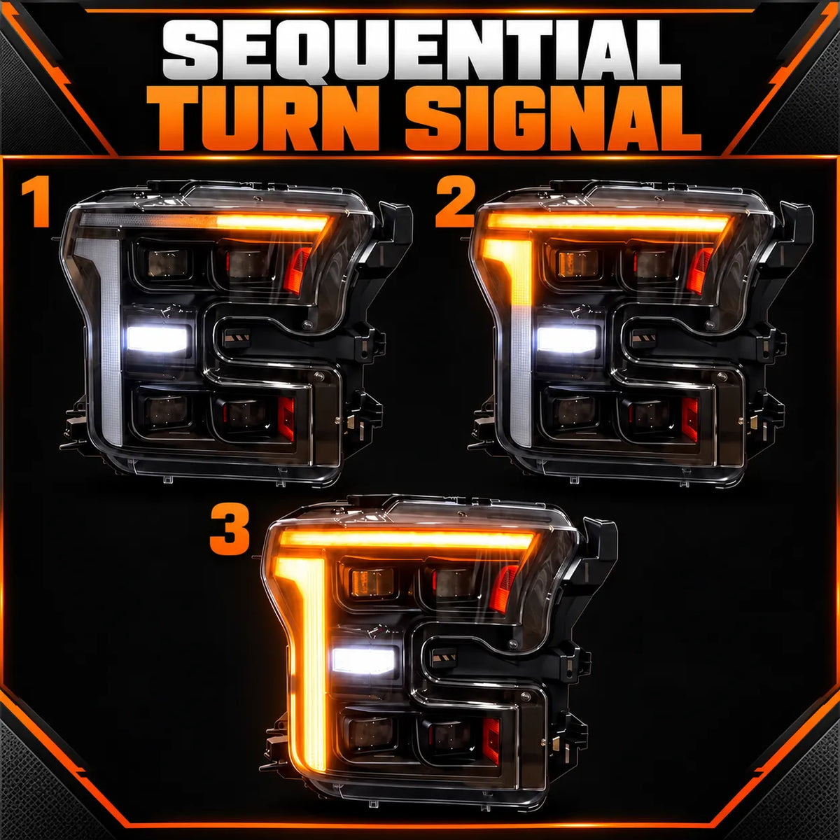 2015-2017 Ford F-150 & 2017-2020 Raptor (13th Gen) LED Projector Headlights Assembly — Pair (Quad Projector) — Sequential amber turn stages — H-F150-15-Q