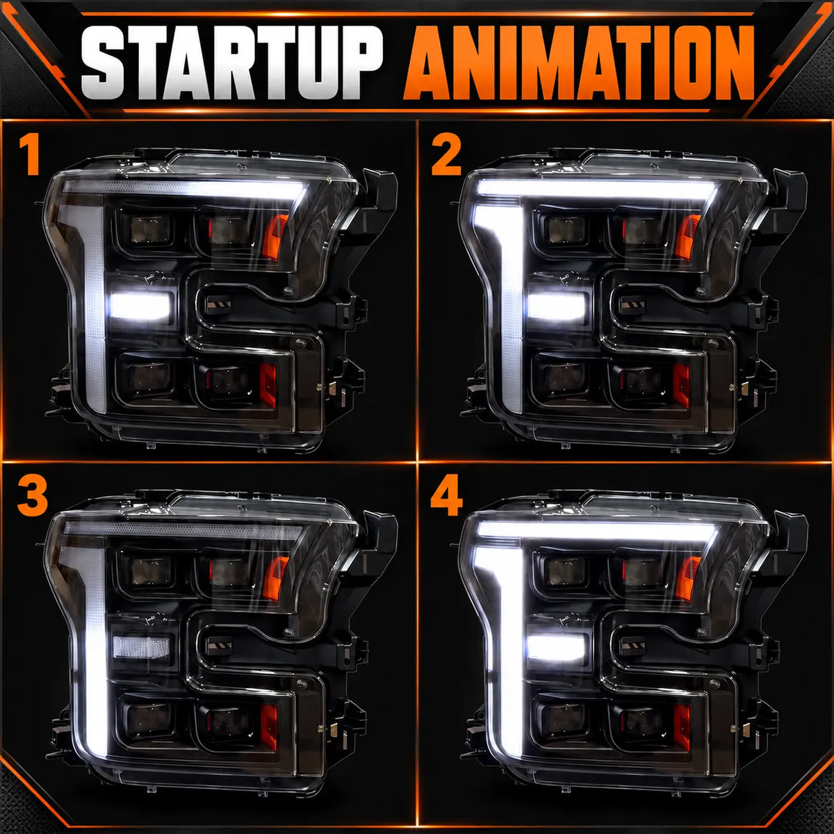 2015-2017 Ford F-150 & 2017-2020 Raptor (13th Gen) LED Projector Headlights Assembly — Pair (Quad Projector) — Four-stage startup animation — H-F150-15-Q