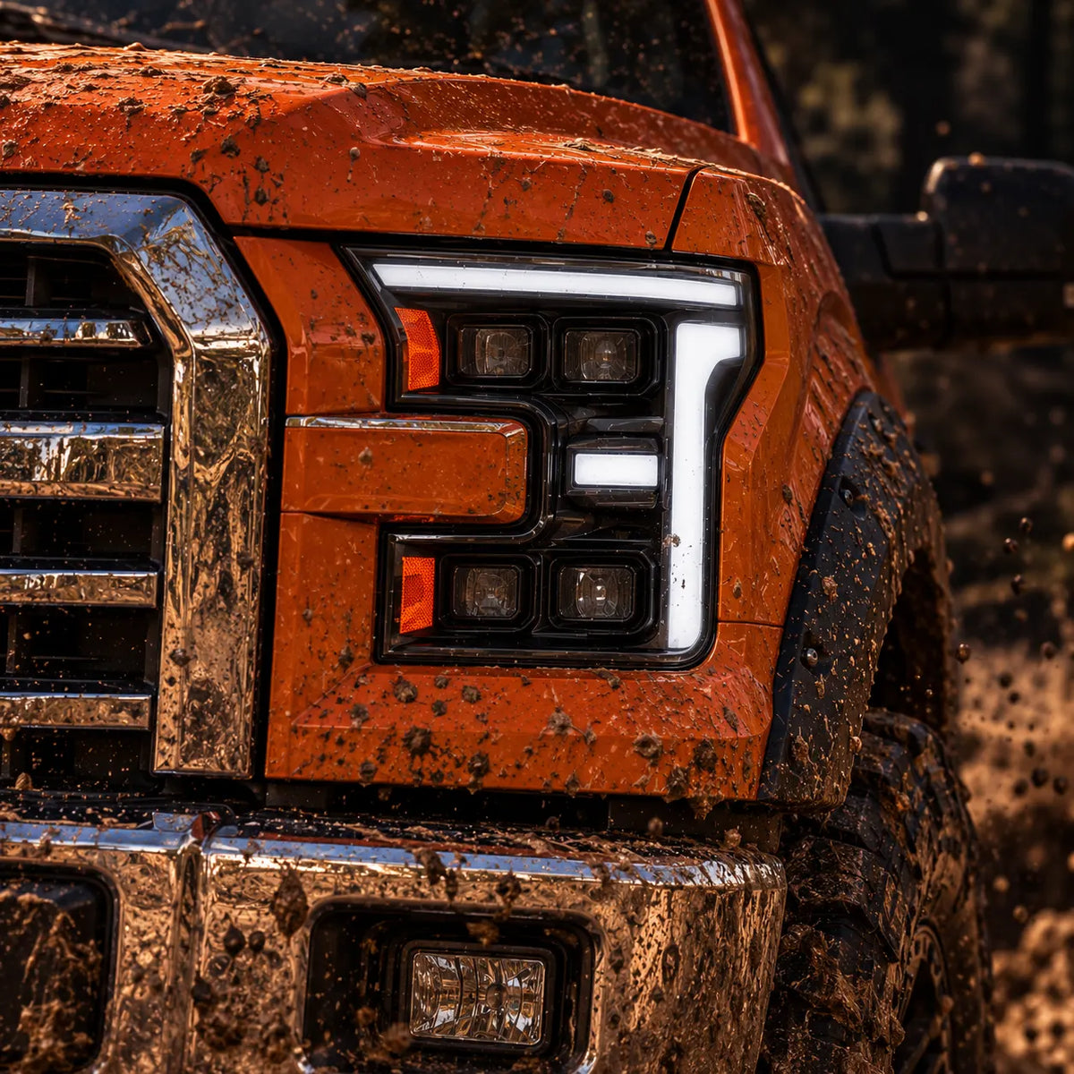 2015-2017 Ford F-150 & 2017-2020 Raptor (13th Gen) LED Projector Headlights Assembly — Pair (Quad Projector) — White DRL muddy headlight close-up — H-F150-15-Q