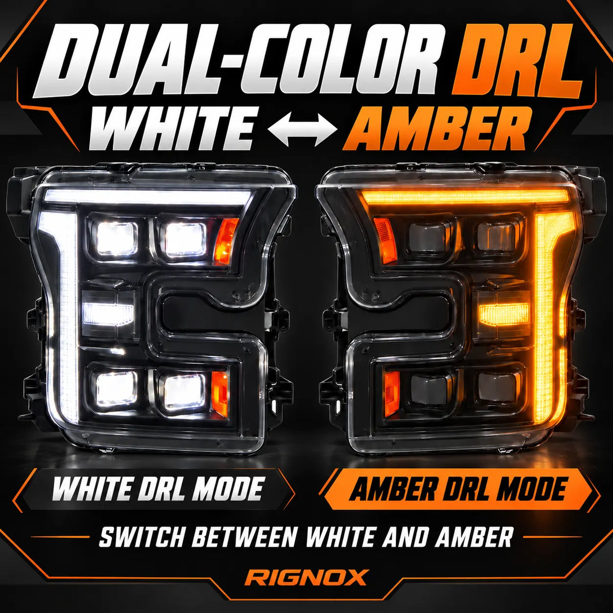 2015-2017 Ford F-150 & 2017-2020 Raptor (13th Gen) LED Projector Headlights Assembly — Pair (Quad Projector) — Dual-color DRL side-by-side comparison — H-F150-15-Q