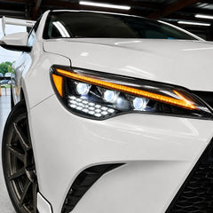 2015-2017 Toyota Camry LED Triple Projector Headlights Assembly — light-on close-up — H-CAM15-A