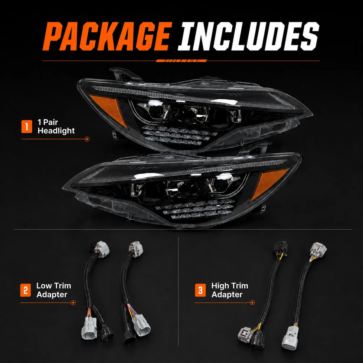 2015-2017 Toyota Camry LED Triple Projector Headlights Assembly — package includes — H-CAM15-A