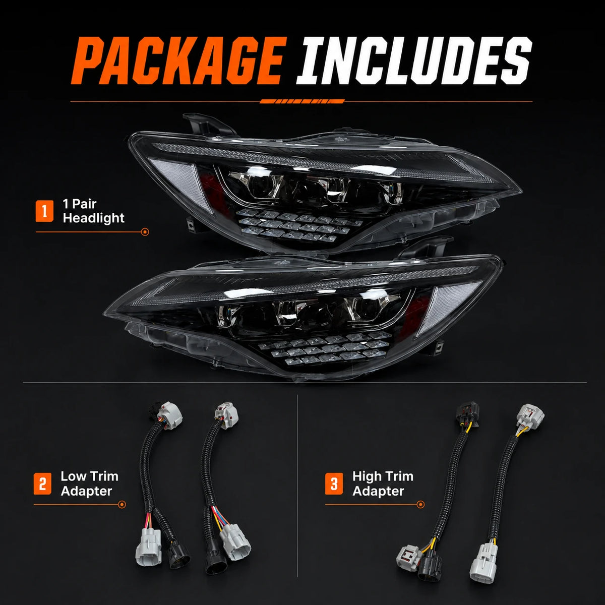 2015-2017 Toyota Camry LED Triple Projector Headlights Assembly — package includes — H-CAM15-CW