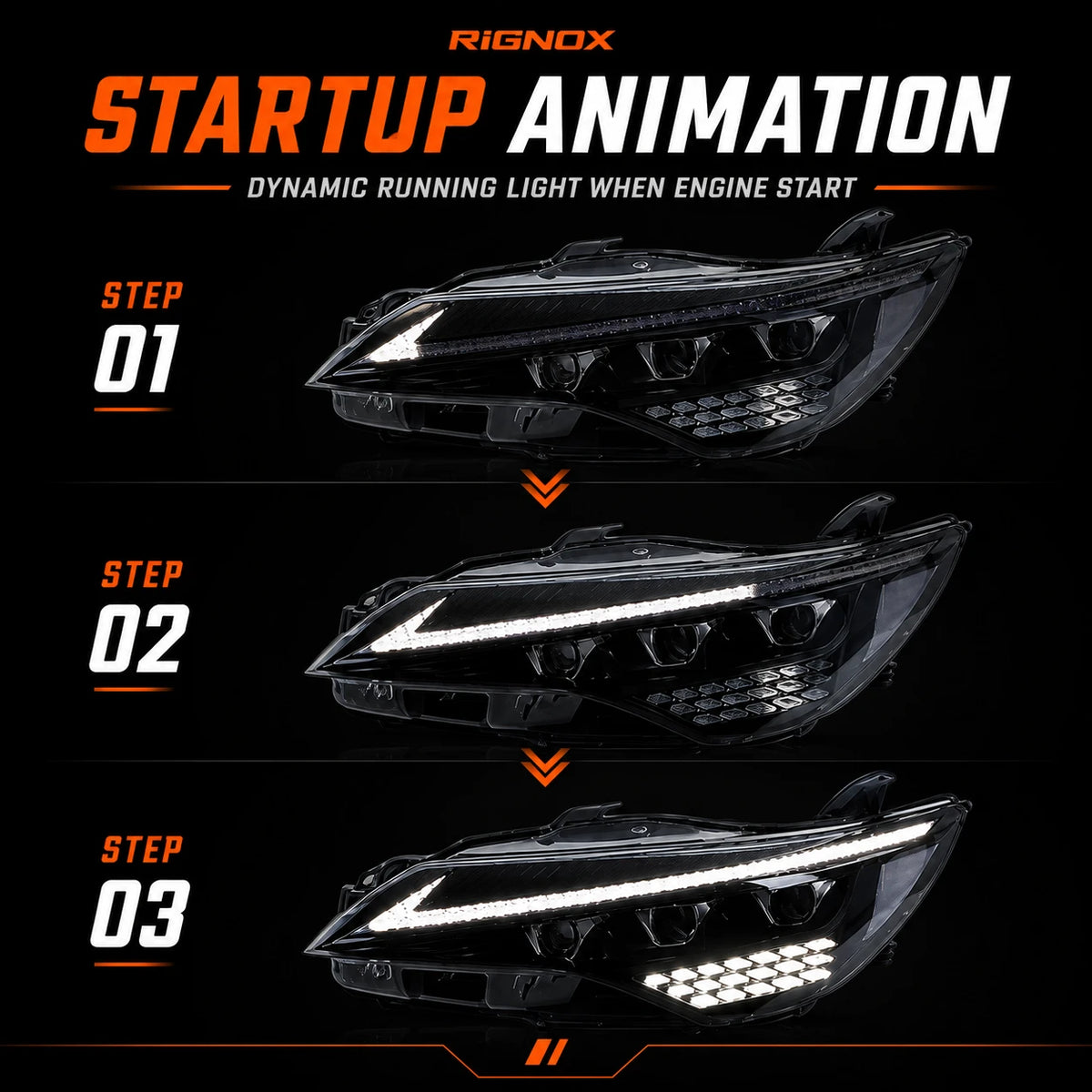 2015-2017 Toyota Camry LED Triple Projector Headlights Assembly — start-up animation — H-CAM15-CW