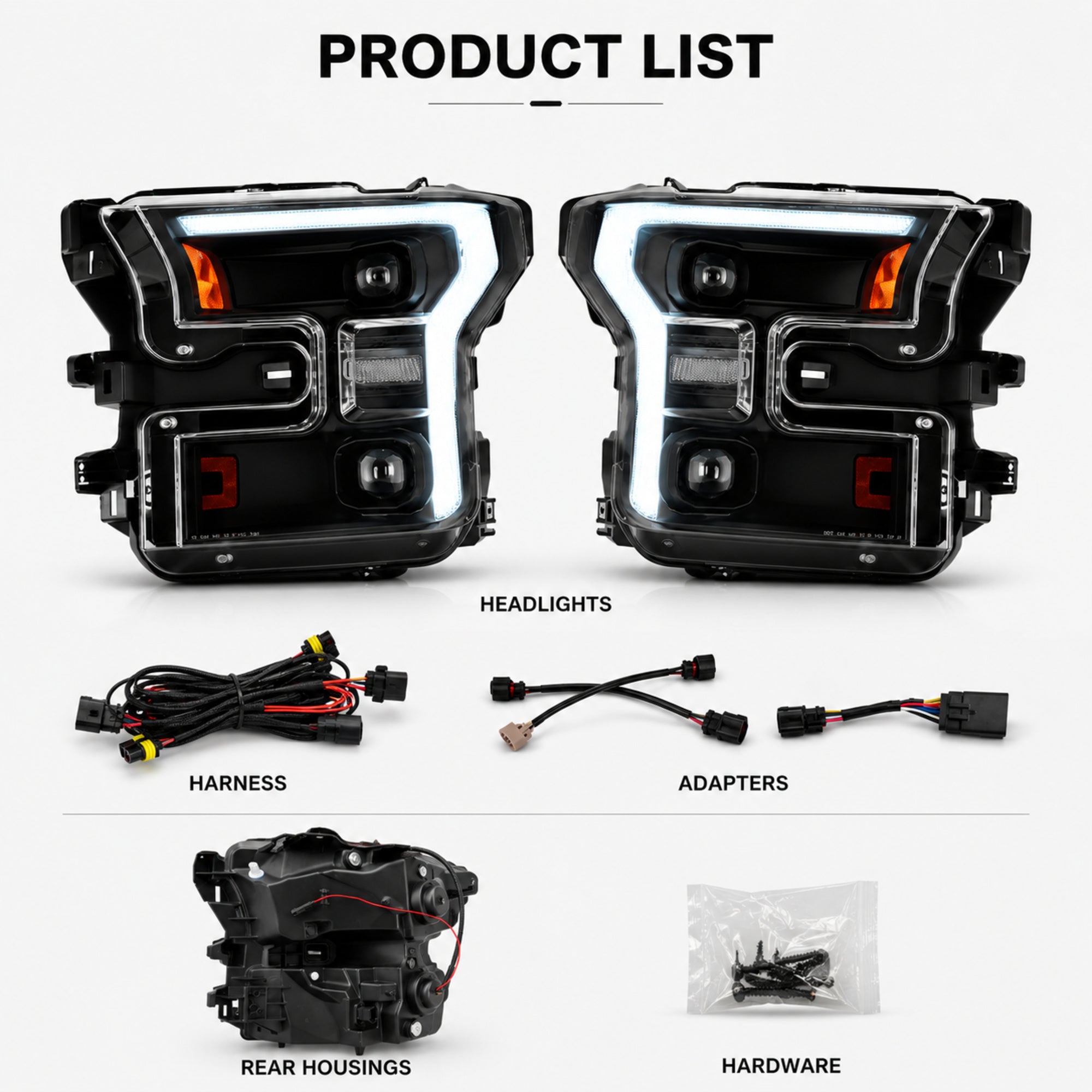 2015-2017 Ford F-150 LED Dual Projector Headlights — black housing product list — H-F150-15