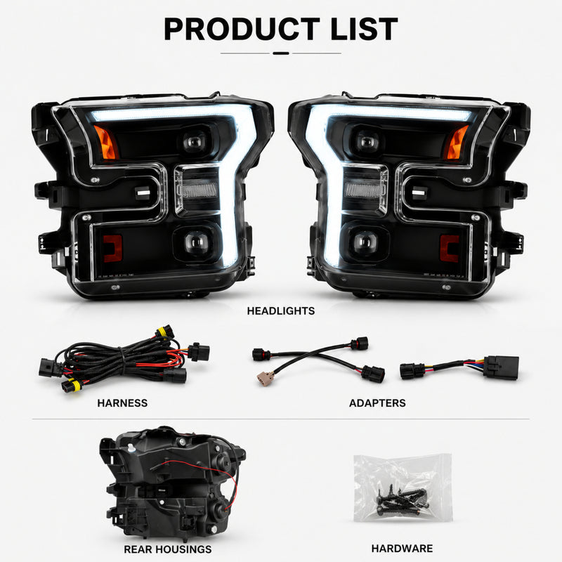 2015-2017 Ford F-150 LED Dual Projector Headlights — black housing product list — H-F150-15