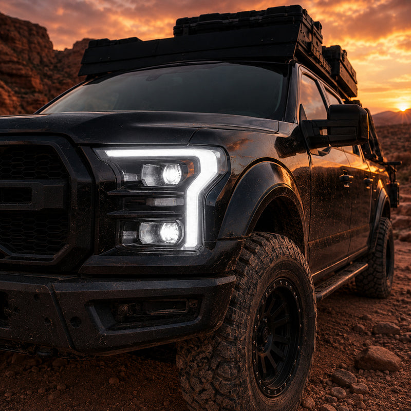 2015-2017 Ford F-150 LED Dual Projector Headlights — clear white ledprojector front45 trail03 — H-F150-15