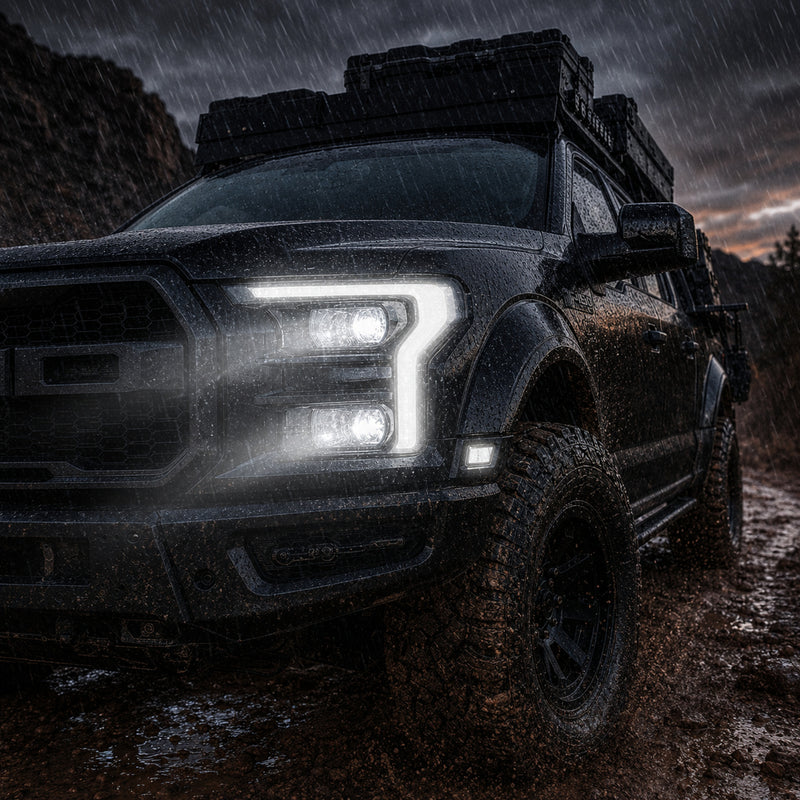2015-2017 Ford F-150 LED Dual Projector Headlights — clear white ledprojector rain trail06 — H-F150-15