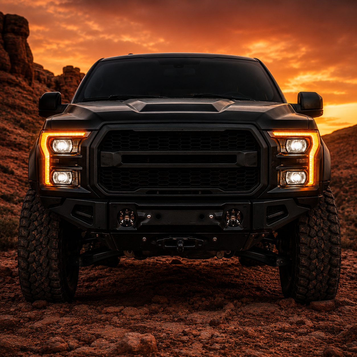 2015-2017 Ford F-150 LED Dual Projector Headlights — clear white LED projector reference scene front — H-F150-15