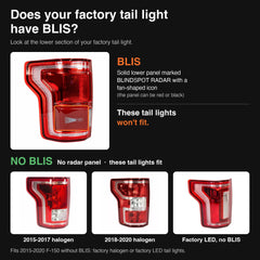 2015-2020 Ford F-150 LED tail lights — BLIS check: a factory tail light with a BLINDSPOT RADAR lower panel has BLIS and won't fit; factory halogen and LED tail lights without it fit — T-F150-15