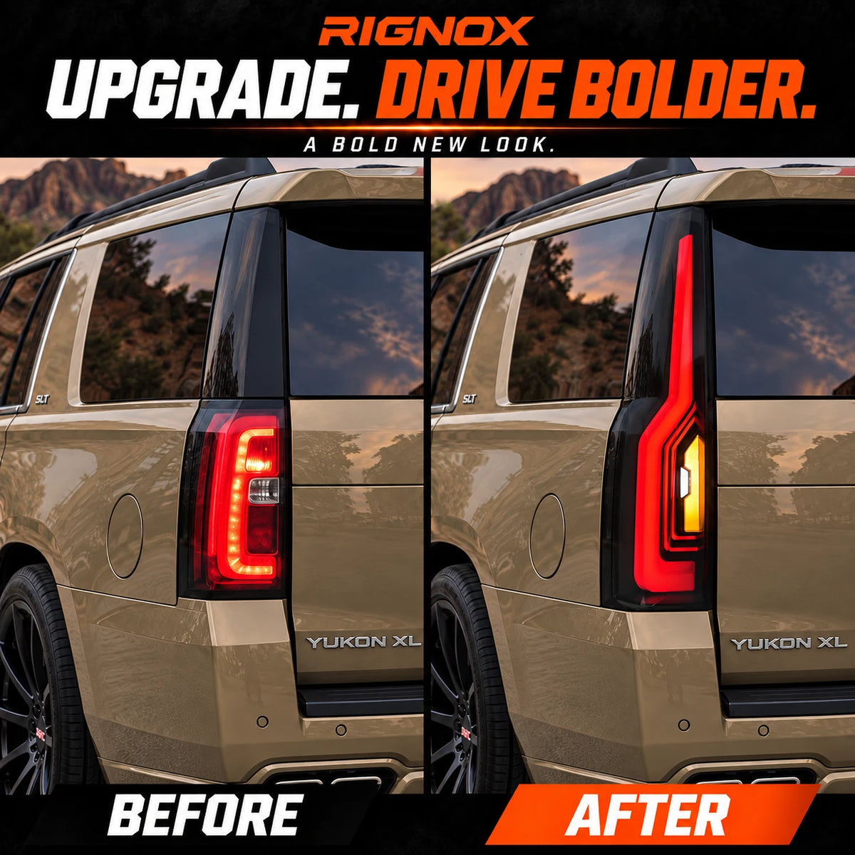 2015-2020 GMC Yukon & Chevrolet Tahoe LED Tail Lights Assembly — before and after upgrade comparison — T-YUK15-SR