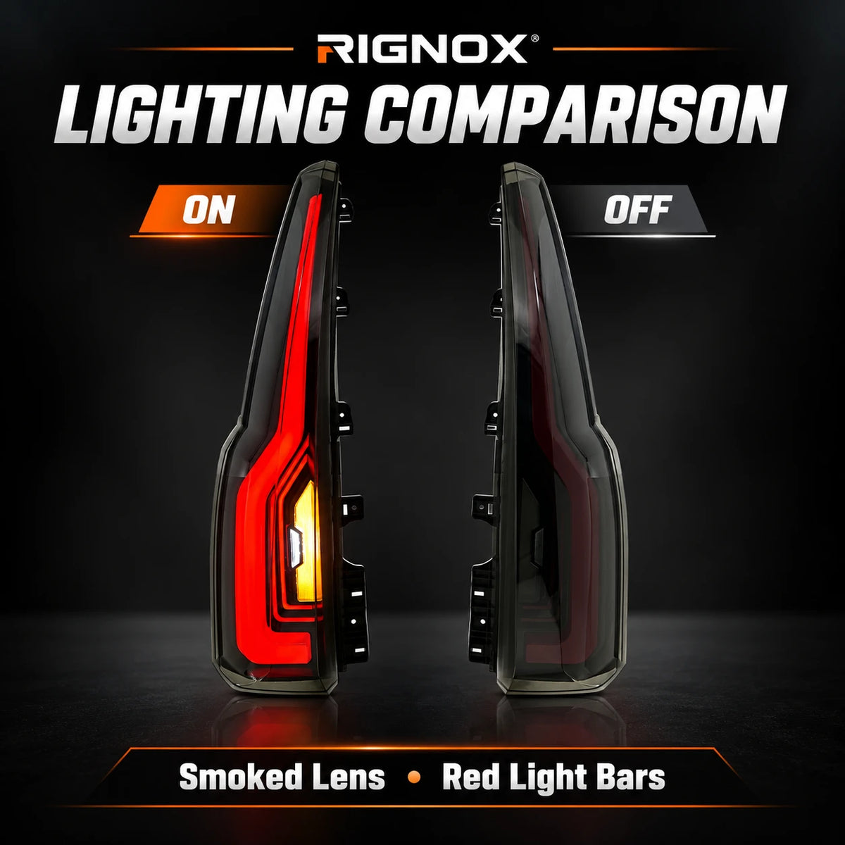 2015-2020 GMC Yukon & Chevrolet Tahoe LED Tail Lights Assembly — lighting on and off comparison — T-YUK15-SR