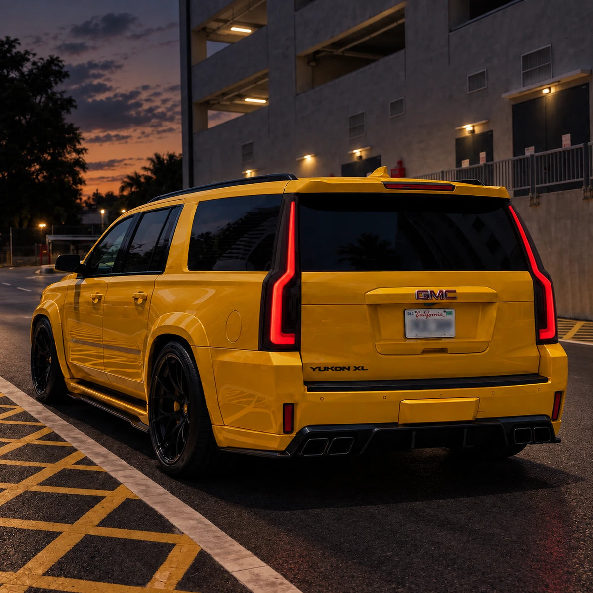 2015-2020 GMC Yukon & Chevrolet Tahoe LED Tail Lights Assembly — illuminated rear vehicle view at dusk — T-YUK15-SR