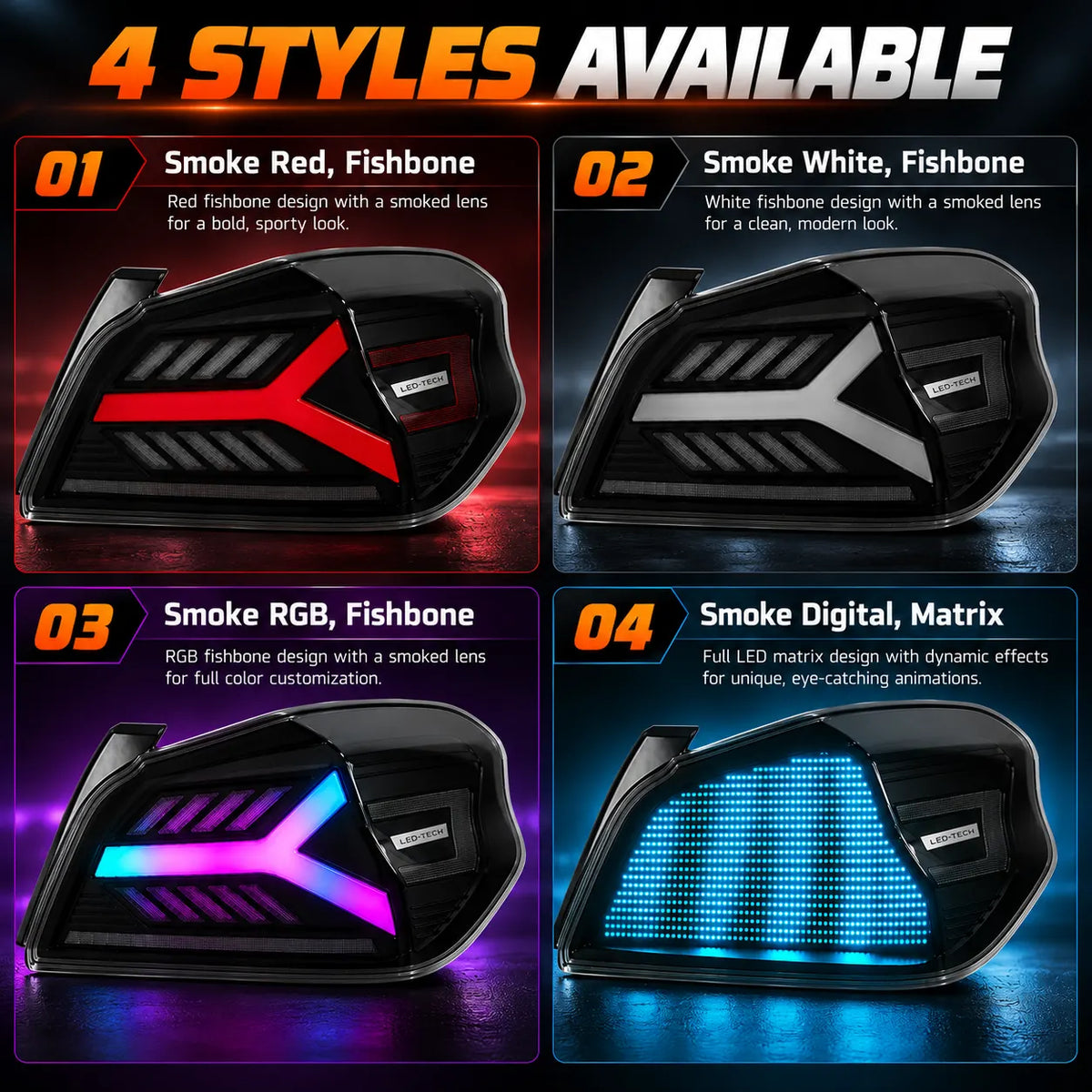 2015-2021 Subaru WRX / STI VA Sequential LED Tail Lights Assembly — Pair — four style options — T-WRX15-D — T-WRX15-SW-FSH — T-WRX15-SR-FSH — T-WRX15-RGB-FSH
