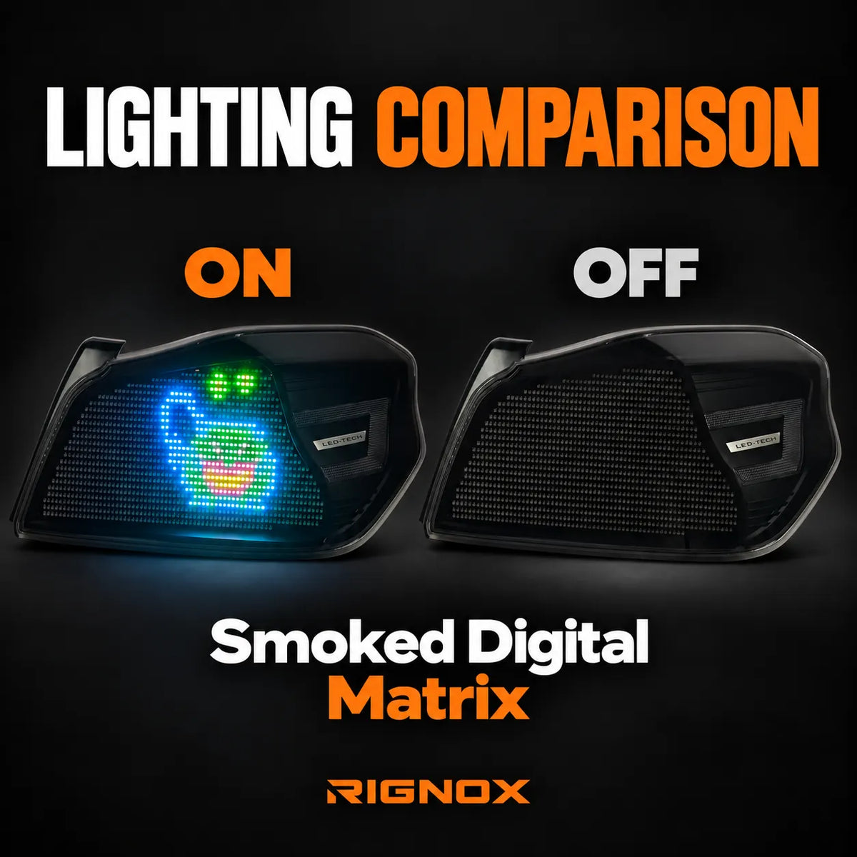 2015-2021 Subaru WRX / STI VA Sequential LED Tail Lights Assembly — Pair — lights-on and lights-off comparison — T-WRX15-D
