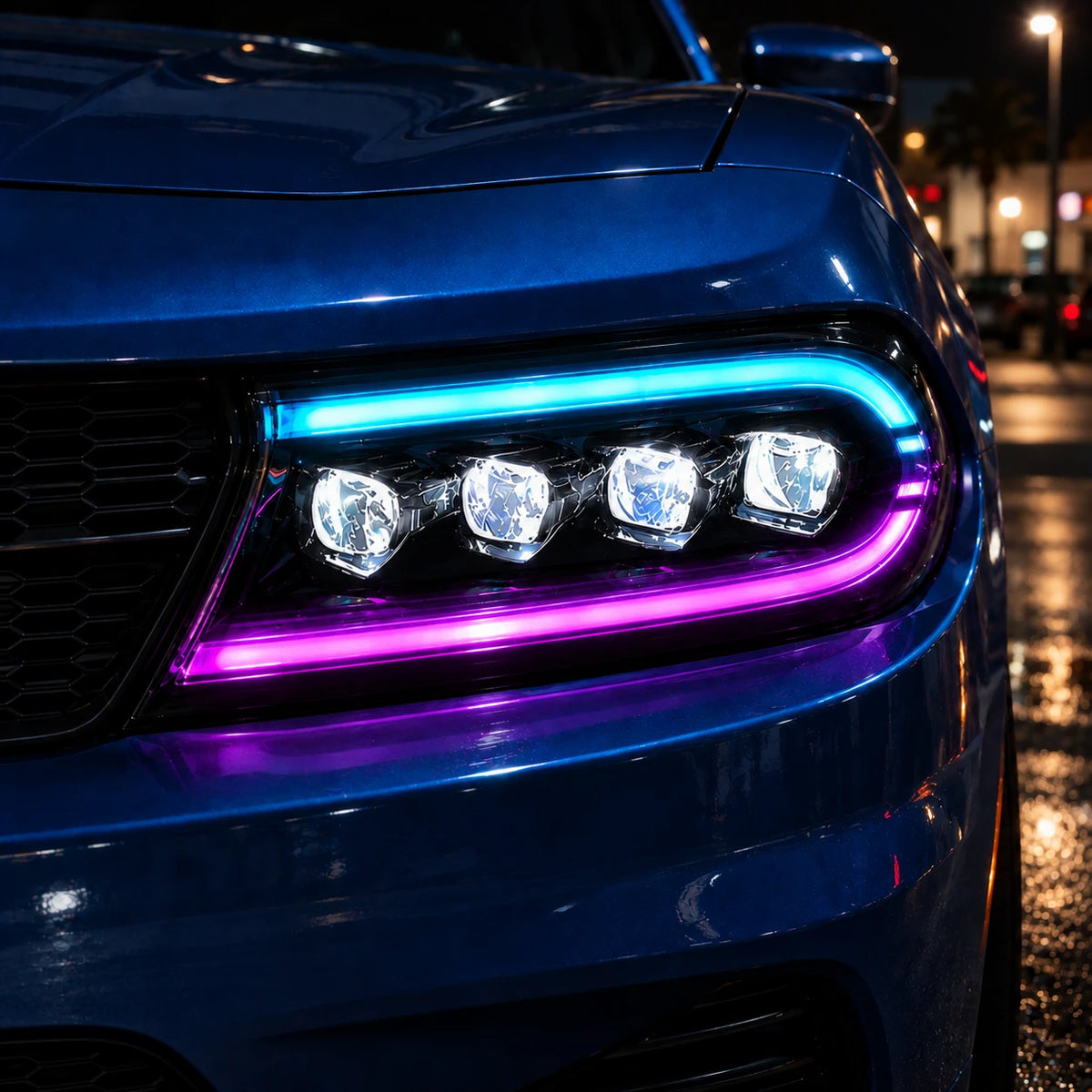 2015-2023 Dodge Charger LED Quad Projector Headlights Assembly Durango Style — RGB quad projector close-up detail — H-CHA15-CRGB