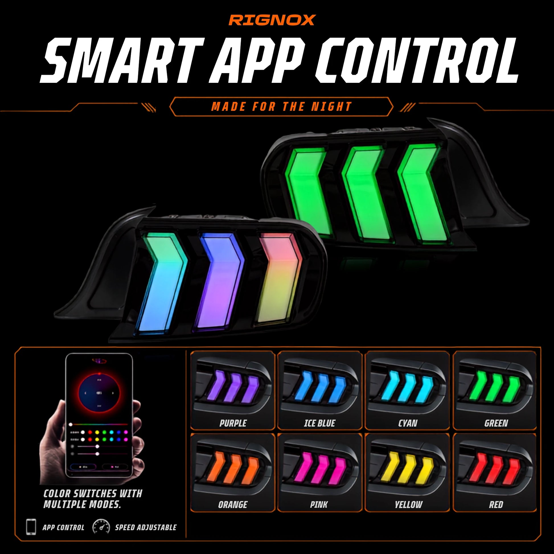 2015-2023 Ford Mustang S550 Euro Tri-Bar Sequential LED Tail Lights — app control — T-MUS15-CRGB
