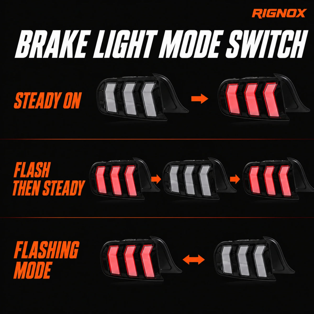 2015-2023 Ford Mustang S550 Euro Tri-Bar Sequential LED Tail Lights — brake light mode — T-MUS15-CRGB