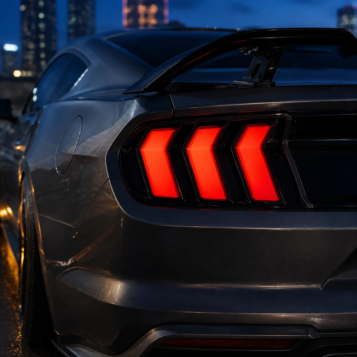 2015-2023 Ford Mustang S550 Euro Tri-Bar Sequential LED Tail Lights — close-up 1 — T-MUS15-CRGB