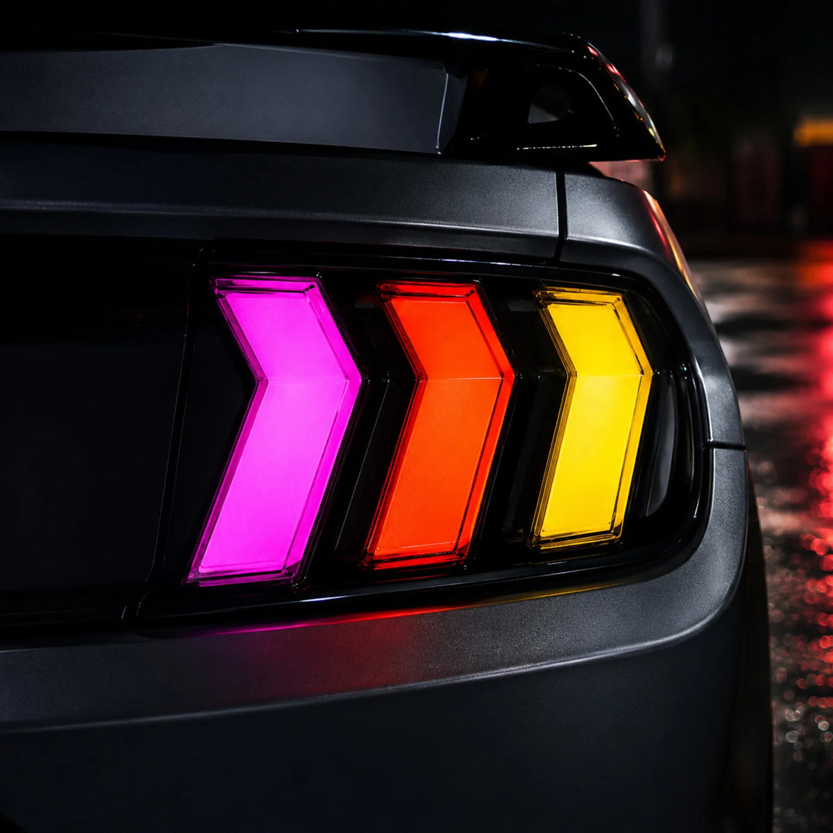 2015-2023 Ford Mustang S550 Euro Tri-Bar Sequential LED Tail Lights — close-up 3— T-MUS15-CRGB