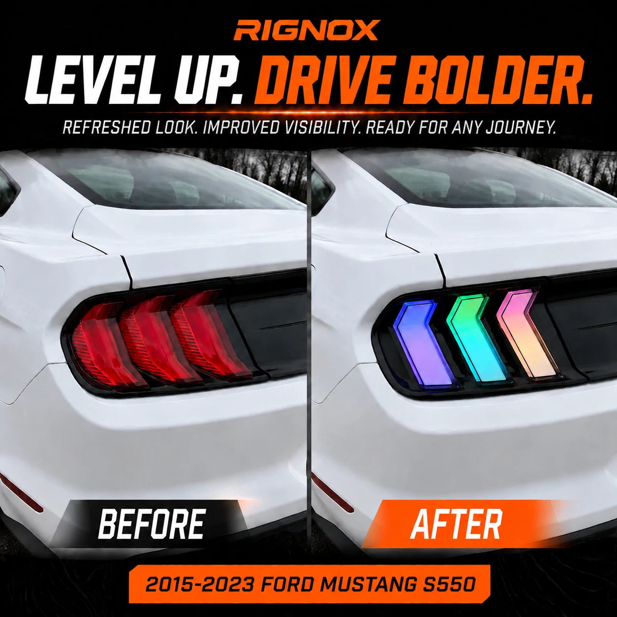 2015-2023 Ford Mustang S550 Euro Tri-Bar Sequential LED Tail Lights — before after — T-MUS15-CRGB