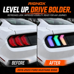 2015-2023 Ford Mustang S550 Euro Tri-Bar Sequential LED Tail Lights — before after — T-MUS15-CRGB