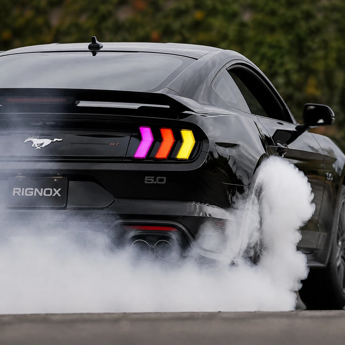 2015-2023 Ford Mustang S550 Euro Tri-Bar Sequential LED Tail Lights — daylight driving — T-MUS15-CRGB