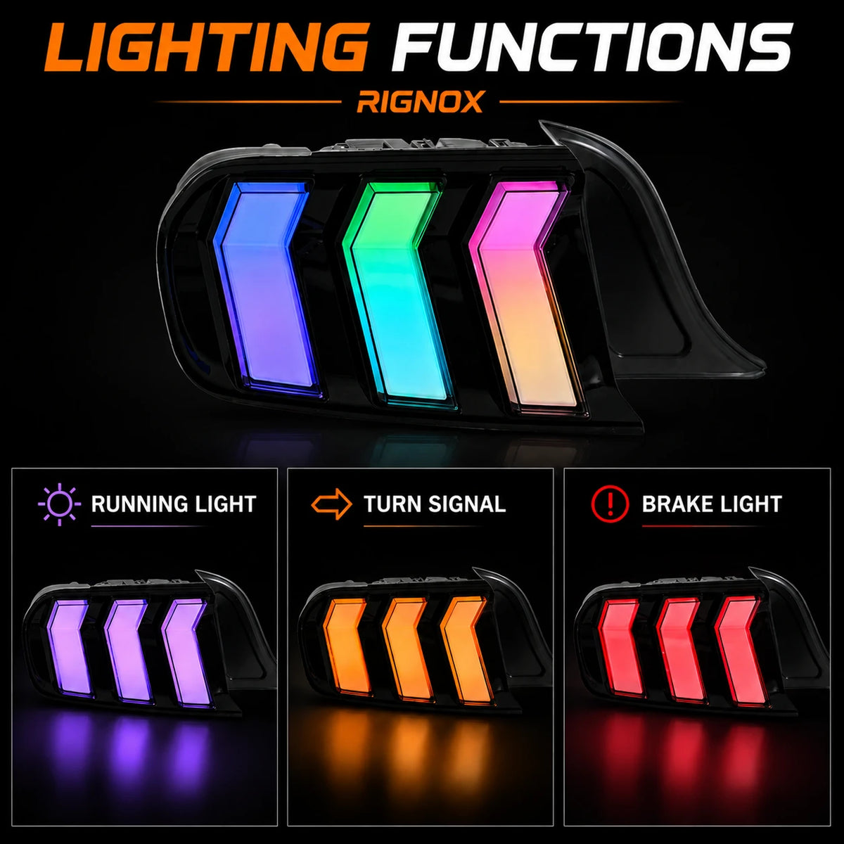 2015-2023 Ford Mustang S550 Euro Tri-Bar Sequential LED Tail Lights — lighting functions — T-MUS15-CRGB