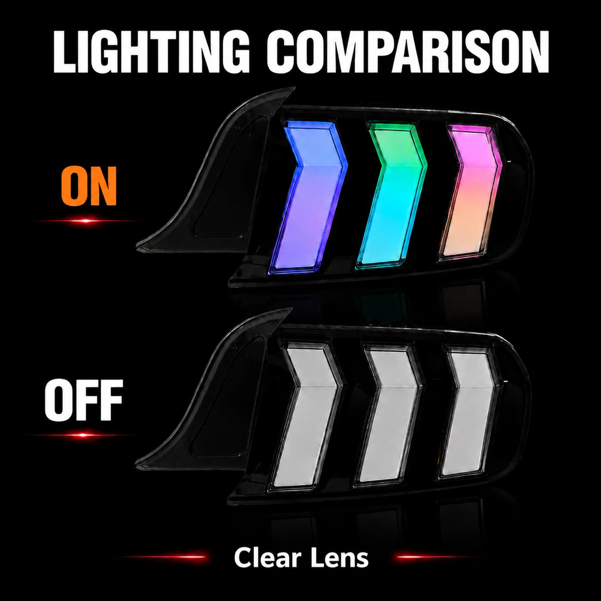 2015-2023 Ford Mustang S550 Euro Tri-Bar Sequential LED Tail Lights — lit and unlit — T-MUS15-CRGB