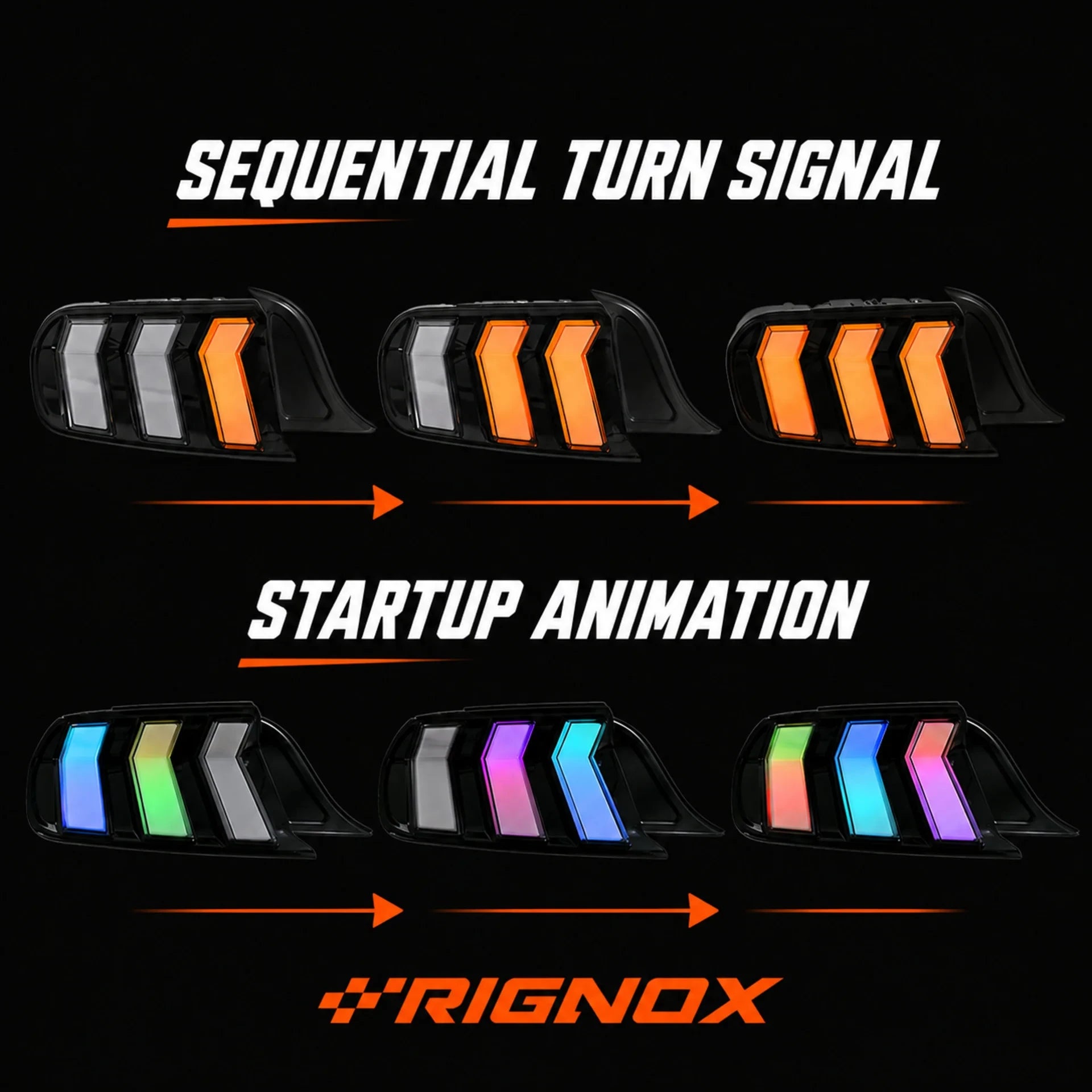 2015-2023 Ford Mustang S550 Euro Tri-Bar Sequential LED Tail Lights — sequential turn and start-up — T-MUS15-CRGB