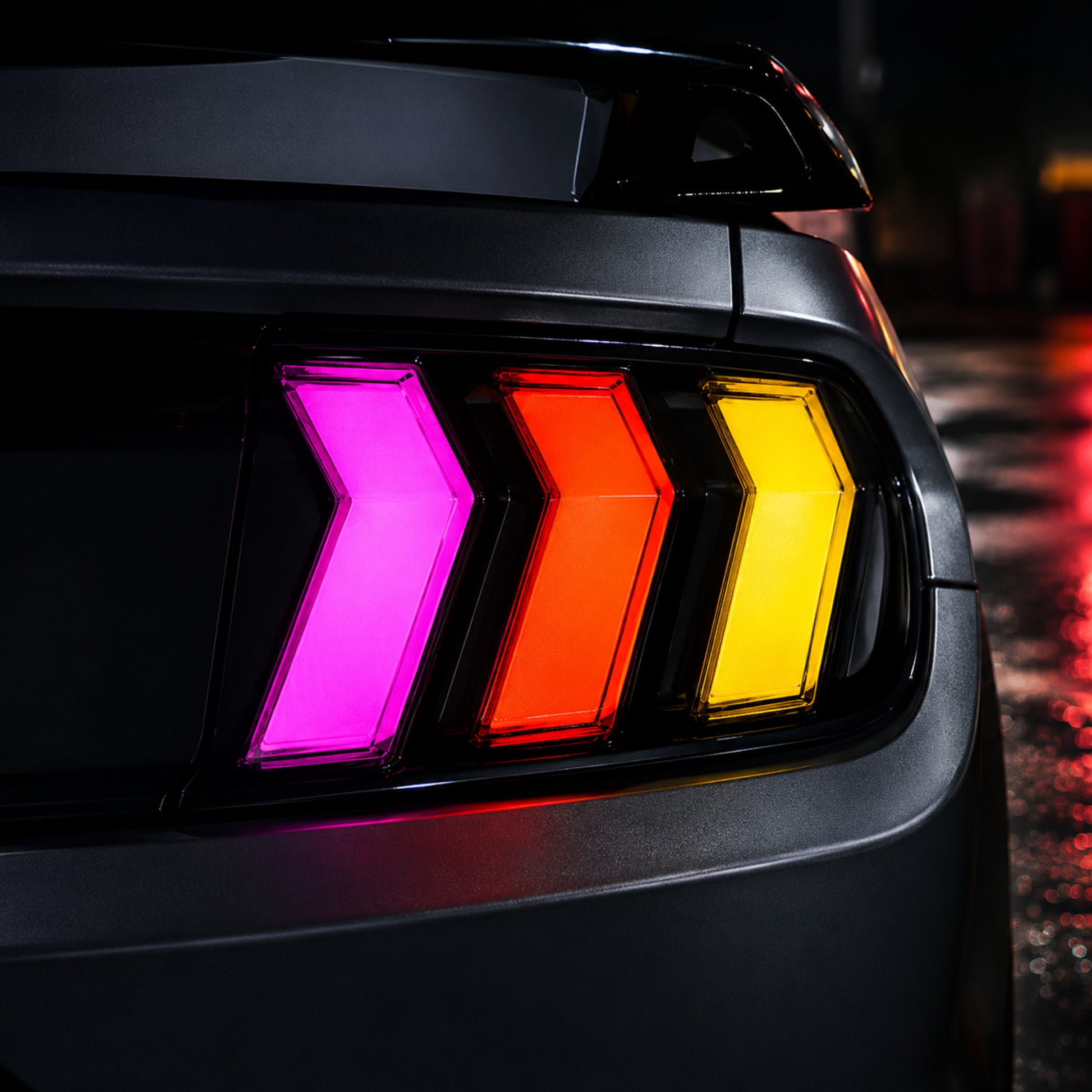 2015-2023 Ford Mustang S550 Sequential LED Tail Lights — rgbsequential light close up - T-MUS15-CRGB