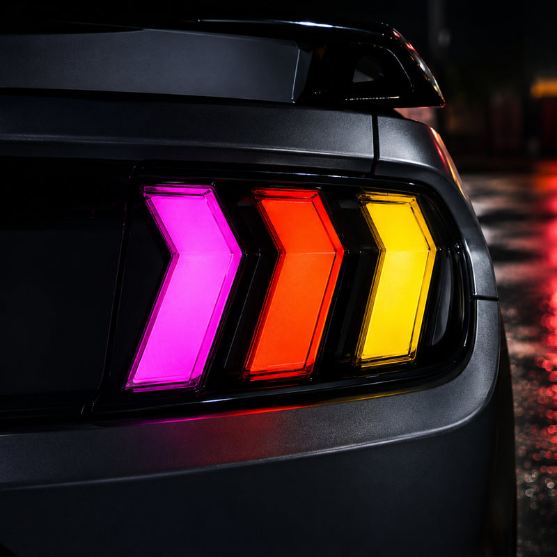 2015-2023 Ford Mustang S550 Sequential LED Tail Lights — rgbsequential light close up - T-MUS15-CRGB